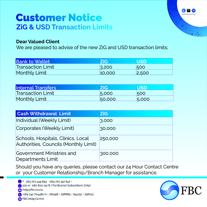 Customer Notice: ZiG & USD Transaction Limits | FBC Banking