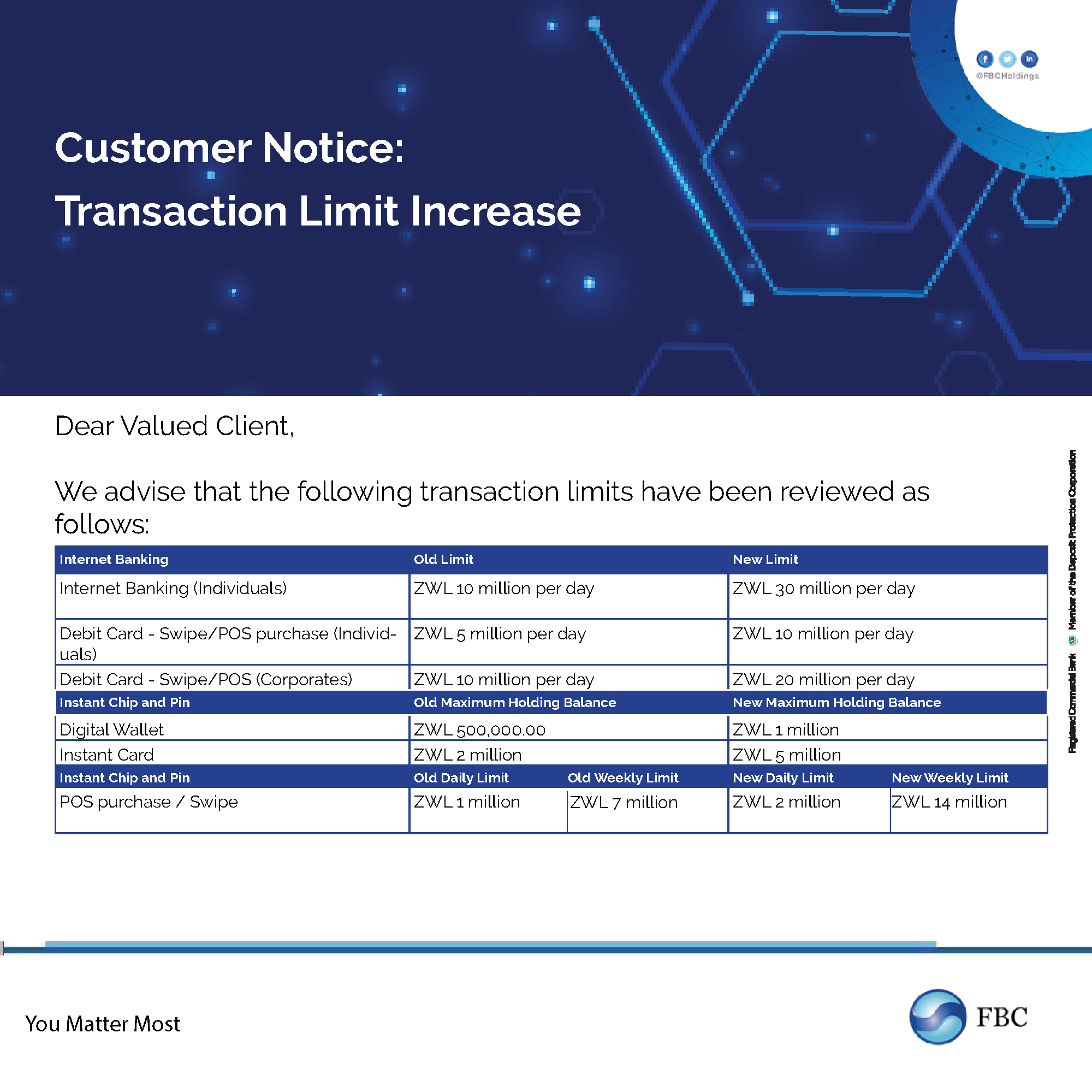 Customer Notice: Transaction Limits Increase